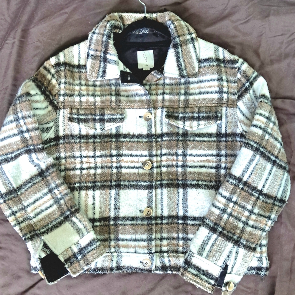 Joie Plaid Jacket LG in Brown and Cream Button UP Closure EUC